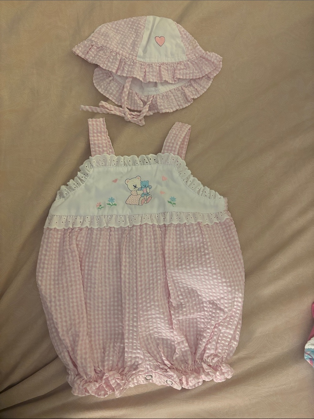 Pink Seersucker Baby Romper with Matching Hat